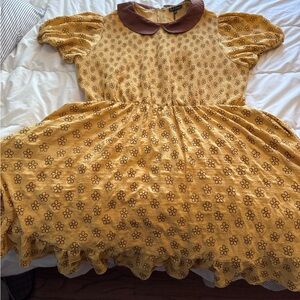 Yellow Floral Asymmetrical Dress with Peter Pan Collar - honey/bumble bee vibes